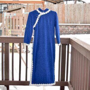 Blue Stripped Lace Trim Qipao Long Dress - Chinese Traditional Cheongsam